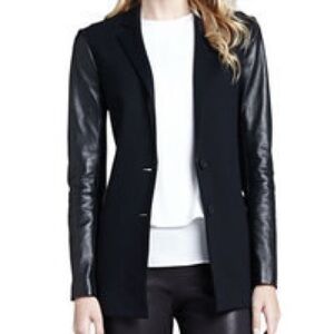 [US6]Theory Black Double Button Blazer with Goat Leather Sleeves